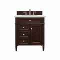 James Martin Vanities Brittany 30in Single Vanity, Burnished Mahogany, w/ 3 CM Ethereal Noctis Quartz Top 650-V30-BNM-3ENC